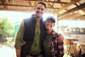 Portrait, love and smile with couple on farm for agriculture, peace and growth. Teamwork, bonding...