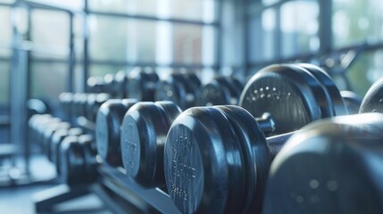 Fototapeta premium Rows of Black Dumbbells in a Gym