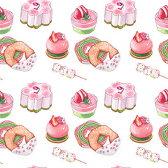 Seamless Pattern Pink Sakura Desserts, watercolor painting hand-drawn illustration