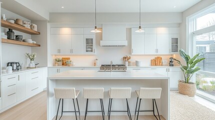 A modern kitchen with white cabinets, a large island, and a window looking out into a backyard. The kitchen features pendant lights and a plant in a woven basket.