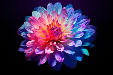 Fototapeta premium A vibrant, multicolored flower with delicate petals against a dark background, showcasing an array of vivid hues and intricate details.