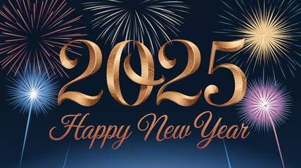 Golden 2025 Happy New Year greeting with firework bursts.