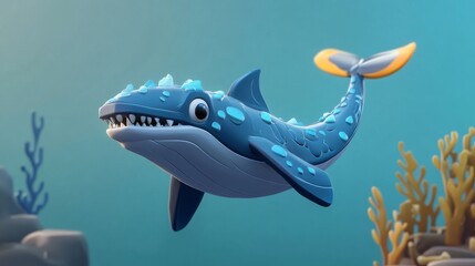 Fototapeta premium A cheerful whale dives into the ocean surrounded by playful marine life and corals