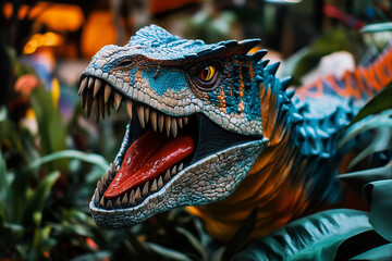 A close-up of a dinosaur's open mouth with sharp teeth and a red tongue.