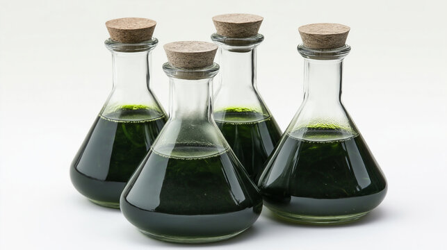 Four glass flasks filled with dark green liquid and cork stoppers.