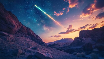 Obraz premium A bright shooting star streaks across a colorful night sky over a rocky desert landscape.