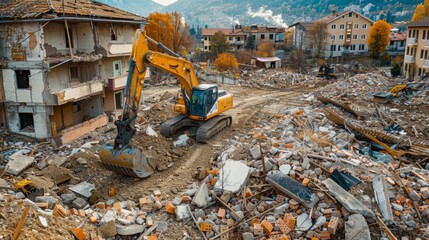 Fototapeta premium An excavator is at work in a small town, clearing debris of concrete slabs after a major earthquake resulted in catastrophic destruction and extensive property damage.