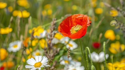 Close-up of a striking bright red poppy flower, elegantly highlighted against a softly blurred meadow backdrop, showcasing the delicate beauty of nature