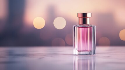 A delicate glass perfume bottle featuring a rose gold cap stands on a sleek marble surface, showcasing soft pink liquid that glows gracefully in ambient light
