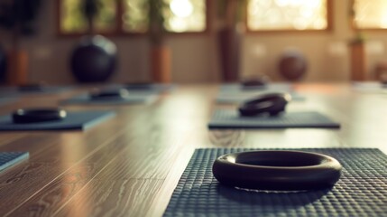 Obraz premium A Single Yoga Ring on a Blue Mat in a Yoga Studio