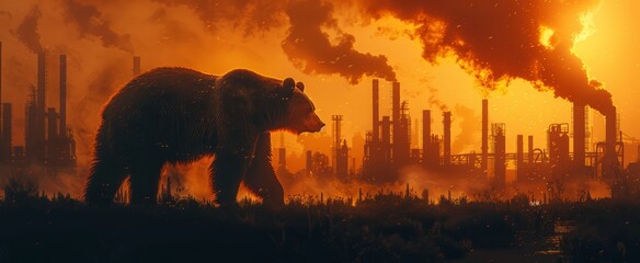 A bear roams through a desolate area filled with billowing smoke and industrial structures against a stunning sunset backdrop