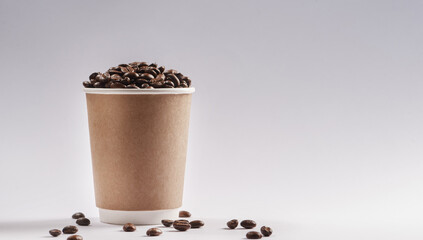 Studio, seed and coffee beans with cup for cafe, bistro and ingredients for warm beverage. Mockup space, robusta and grains and brown roast by white background for drink, espresso or fresh cappuccino