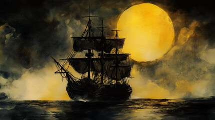 Obraz premium A silhouette of a ship sailing on the water with a large yellow moon in the sky.