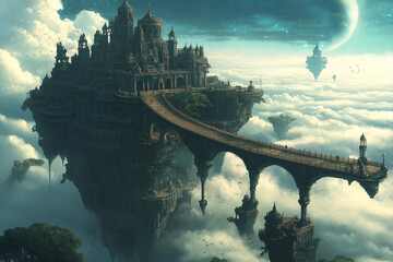 Obraz premium A majestic floating city connected by bridges in a cloudy sky.