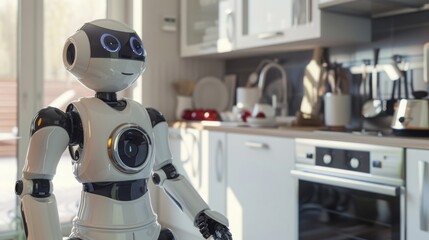 A friendly white robot stands in a modern kitchen, ready to assist with household tasks. It's a glimpse into the future of home automation.