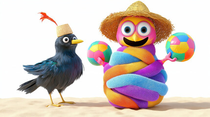 A colorful, fuzzy creature in a straw hat holds a beach ball, beside a blue bird in a hat.