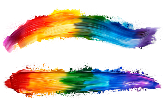 Two vibrant brush strokes in various colors, isolated on a transparent background. Suitable for artistic and creative projects, graphic design, and illustrations, symbolizing the creative process