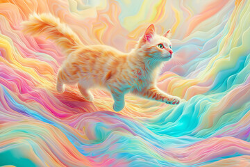Obraz premium A ginger cat leaps across a dreamlike, colorful landscape.