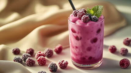 Pour le petit d&eacute;jeuner, un smoothie sain en verre, pr&eacute;par&eacute; avec des fraises, framboises et myrtilles, offre une d&eacute;licieuse boisson rouge et blanche, parfaite &agrave; boire avec du yaourt et de la cr&egrave;me.