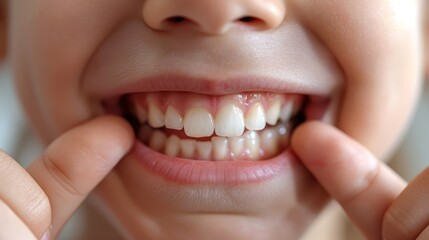 Fototapeta premium A close-up of a child's mouth with their fingers gently holding their lips open, showing a smile with healthy, white teeth