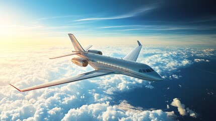 Private Jet Plane Flying Above the Clouds at Sunset. Business, Luxury, Travel Concept.