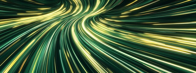 Abstract glowing lines swirl in a dark green background.