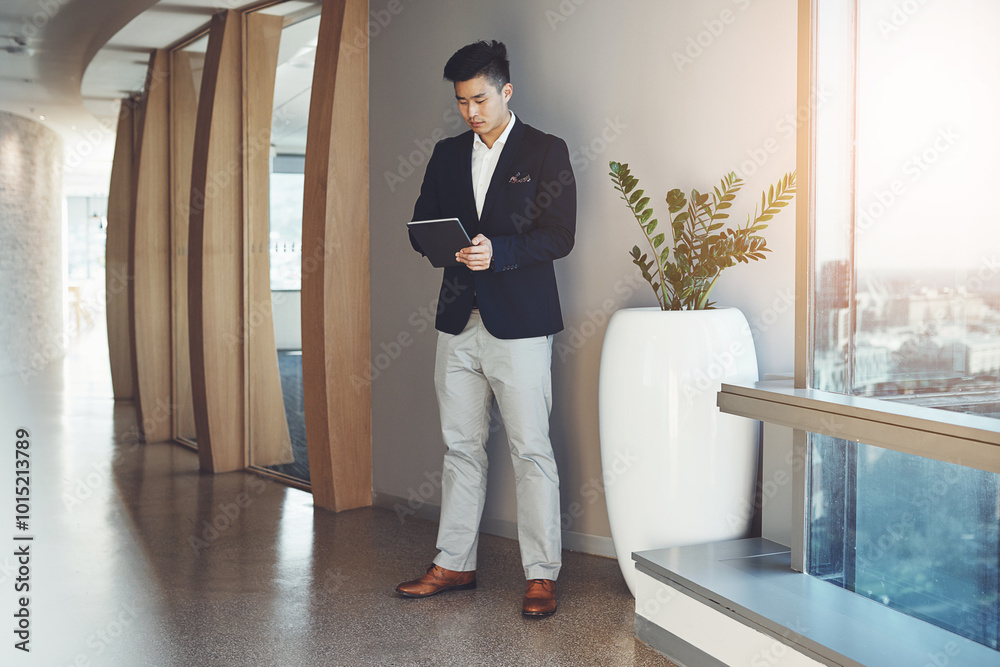 Poster asian man, tablet and real estate agent in office building for networking or consulting in company. 