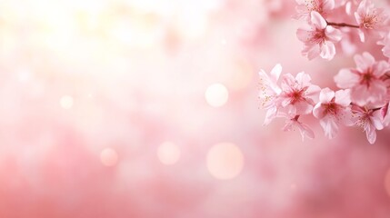 Cherry blossom branches curve elegantly across a gentle pastel pink backdrop, their translucent petals illuminated by soft light, evoking spring's transient charm