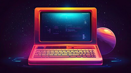 A retro computer with a glowing screen displaying code, set against a cosmic backdrop with a planet in the foreground.