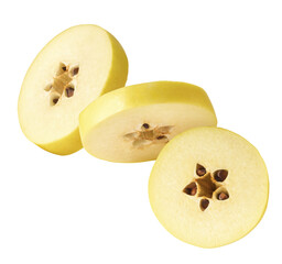 Fresh ripe yellow Quince fruit  falling in the air isolated on white background. Food levitation or zero gravity conception
