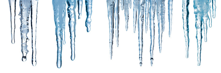 Set of close-up of icicles hanging from a surface, isolated on a transparent background. Symbolizes cold, winter, and frozen water. Perfect for winter projects, seasonal decorations.