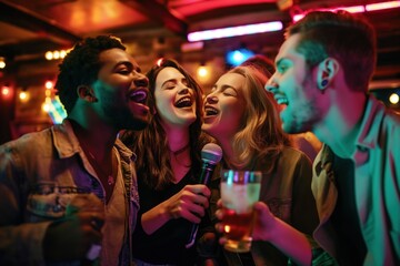 Lively bar scene with friends gathered around table, laughing, chatting. One holds microphone, singing karaoke, others drink beer, soda. Colorful lights create vibrant atmosphere, energetic ambiance.
