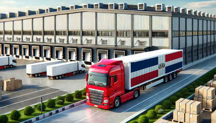 Naklejka premium Red semi-truck with Dominican Republic flag trailer at a large logistics warehouse. Ideal for illustrating freight transport, trucking, shipping, and supply chain operations