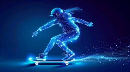 digital skateboarder in low poly wireframe design, sports technology, motion tracking, and the future of smart sporting equipment in urban mobility and recreation.
