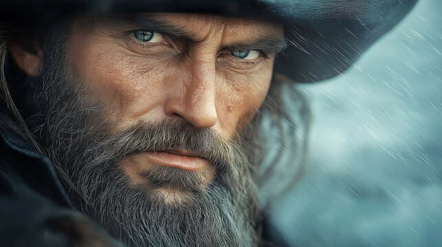 A menacing portrait of Blackbeard, the infamous pirate, in the heat of battle, his face twisted with anger. His black beard flows wildly in the wind as his fists tighten around the