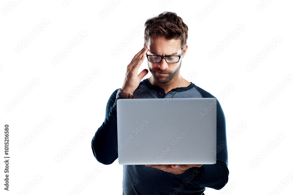 Poster Confused, thinking and man in studio with laptop, connection and decision for website design. Online ideas, brain fog and software developer with glasses, choice and reading email on white background