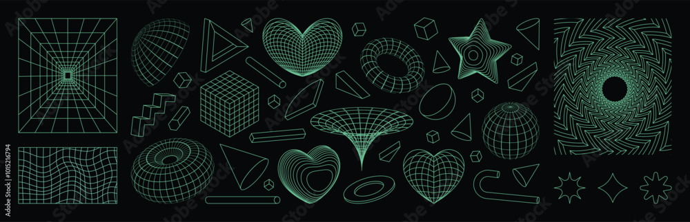 Poster Y2k grid elements. 3D retro graphic shapes. Mesh pattern. Abstract line sphere. Love heart frames. Wireframe surface background. Neon green vortex. Geometric star. Vector design forms set