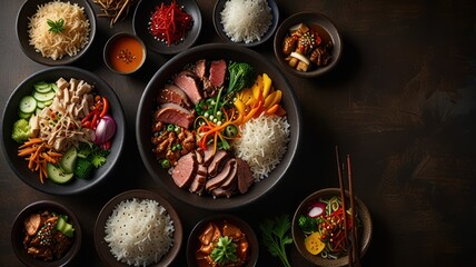 A variety of Asian dishes, including rice bowls, meat, vegetables, and sauces, arranged on a dark wooden table.
