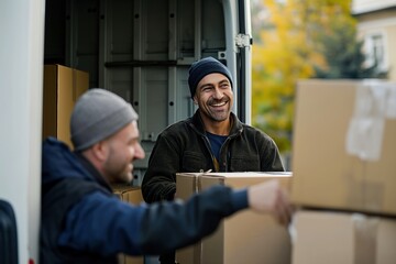Two delivery men in uniform load boxes into a white truck parked on a street with trees. One man wears a blue jacket and gray beanie, the other a black jacket and blue beanie.