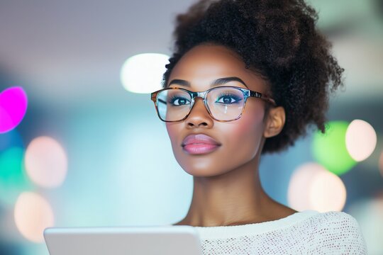 African American female UI designer, glasses, working on a tablet - Powered by Adobe