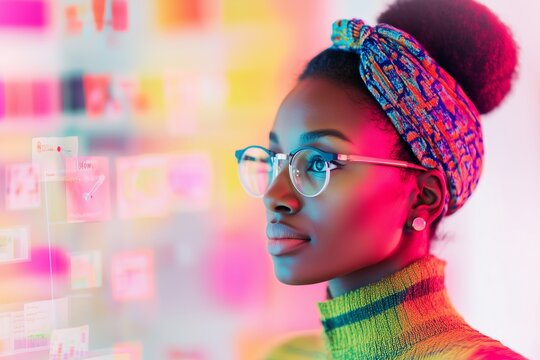 African American female UI designer, glasses, working on a tablet