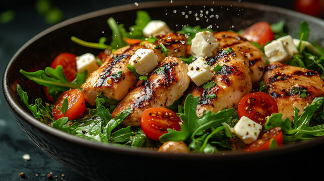 Pour le d&icirc;ner, les bons vivants se r&eacute;galent d'un plat sain : poulet r&ocirc;ti avec tomates rouges et poivrons verts, un d&eacute;licieux repas dans une assiette blanche.