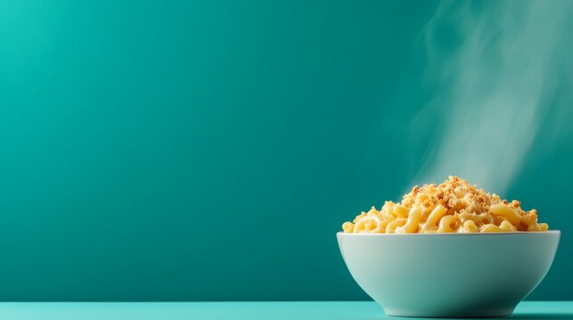 A steaming bowl filled with creamy macaroni and cheese showcases a delicious golden breadcrumb topping. The vibrant teal backdrop enhances the inviting appearance of this homemade dish