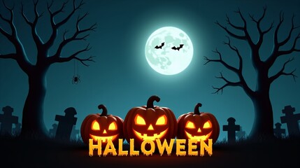 Spooky Halloween Graveyard with Full Moon, Bats, and Glowing Jack-o�-Lanterns - Festive Scene