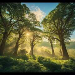 Fototapeta premium Sunbeams Through Forest Canopy, Magical Woodland Landscape With Lush Green Foliage and Golden Light