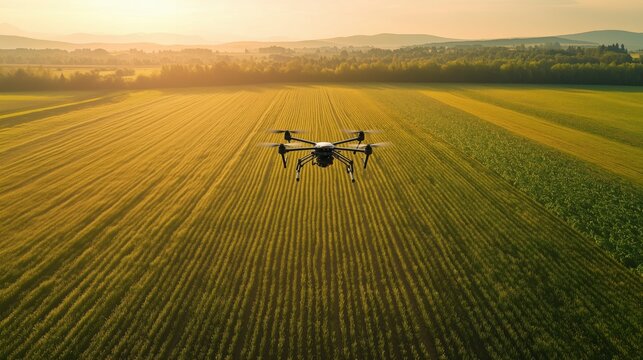 Un dron volando sobre unos campos agr&iacute;colas listos de recolectar