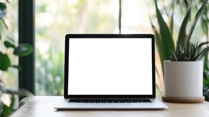 Fototapeta premium Laptop on a Wooden Desk with a Plant in the Background