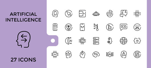 Set of artificial intelligence icons set. Minimalist thin linear web and icon collection, Editable setroke icons pack, pixel perfect, vector illustration.
