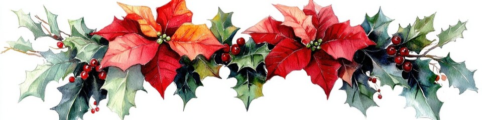 Festive Christmas Poinsettia and Holly Garland Decor - Vibrant Red and Green Floral Arrangement for Holiday Celebrations