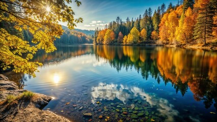 Fototapeta premium Autumn Landscape with Colorful Trees Reflecting in Calm Water of the Lake